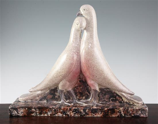 A French Art Deco pottery group of two doves, modelled by Genevieve Granger, height 38cm